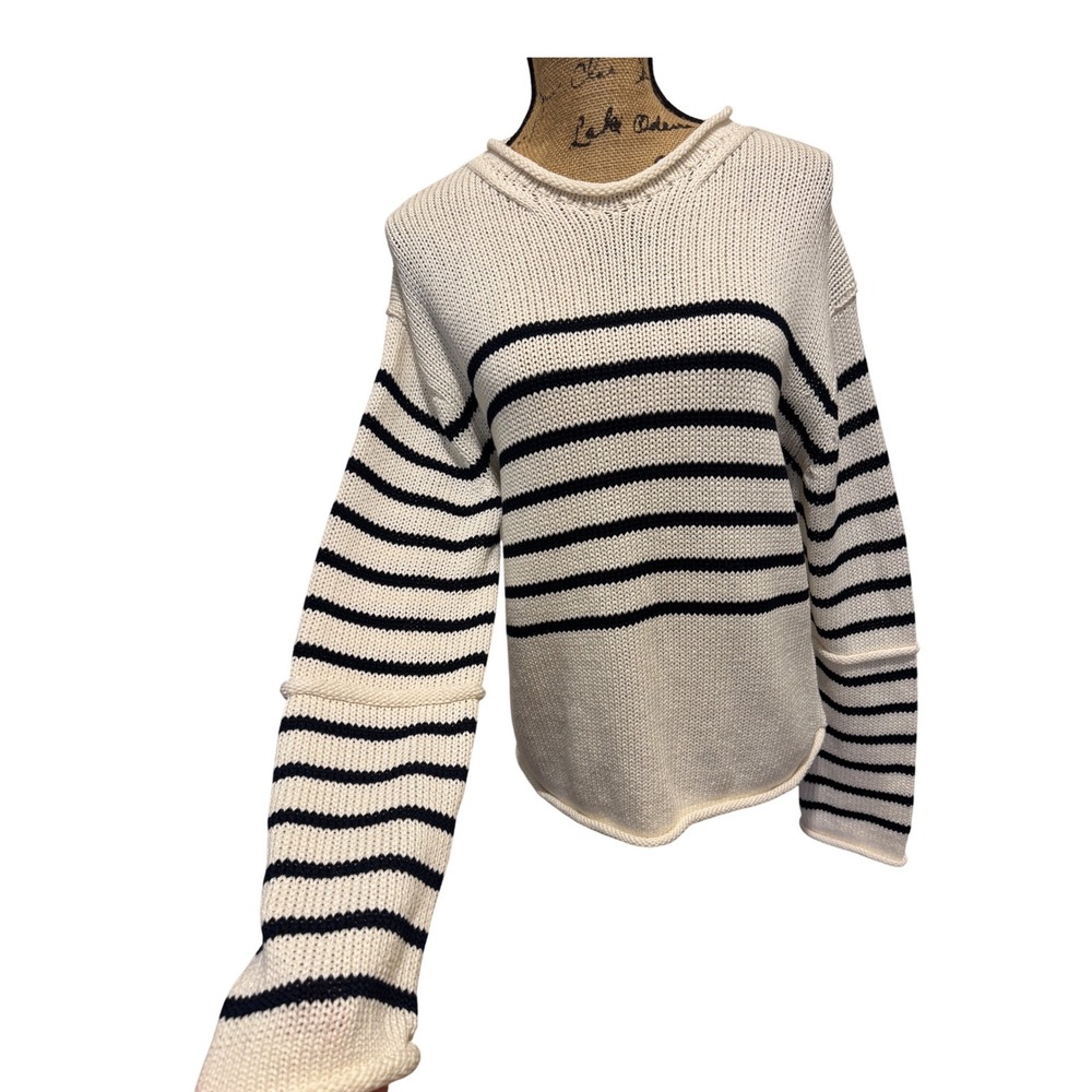 Banana Republic Cotton Roll-Neck Sweater Cream Navy Blue Stripe Womens S $140 - Picture 11 of 11